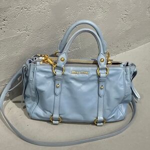 Miu Miu Vitello Shine Sky Blue 2Way Satchel with Gold Accents